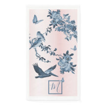 Blue Pink Chinoiserie Floral Elegant Monogram