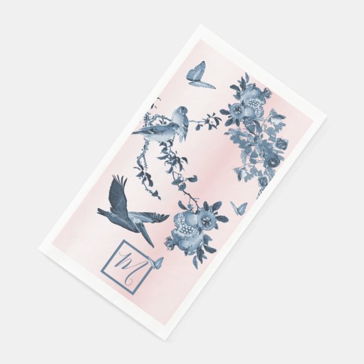 Blue Pink Chinoiserie Floral Elegant Monogram Servet (Hoek)