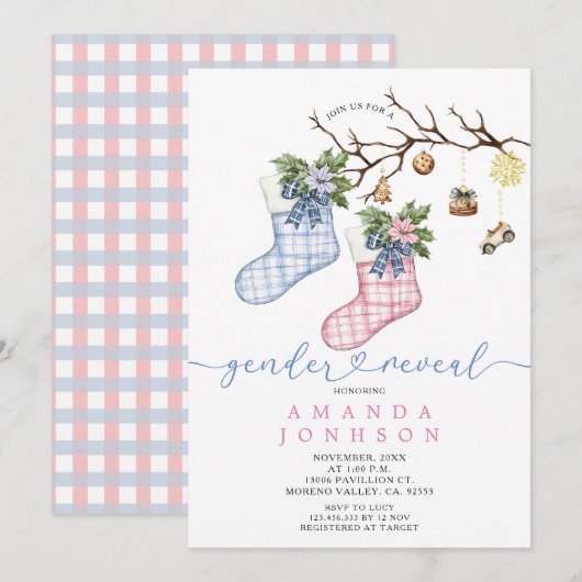 Blue & Pink Christmas Stocking Gender Reveal Party Kaart (Voorkant / Achterkant)