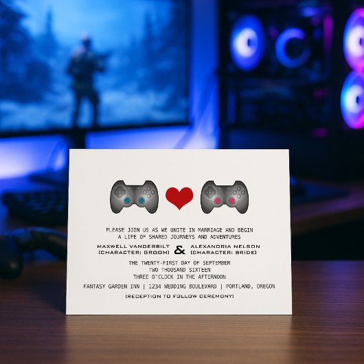 Blue Pink Cute Gamer Wedding Invite Kaart