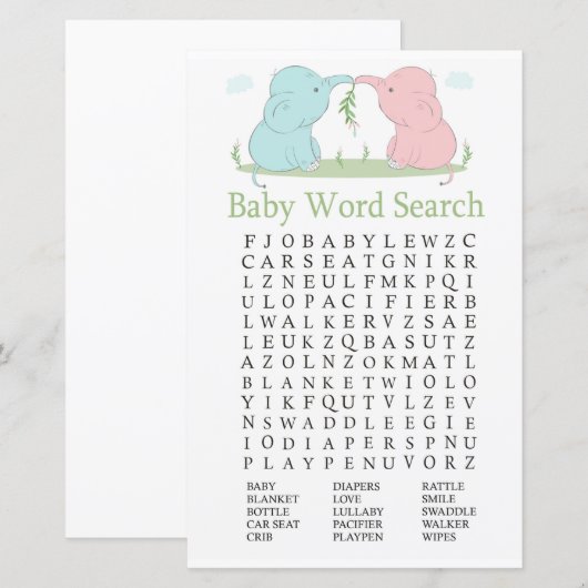 Blue Pink Elephant Baby shower Word Search Game (Voorkant / Achterkant)