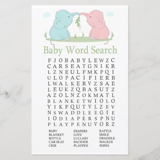 Blue Pink Elephant Baby shower Word Search Game (Voorkant)