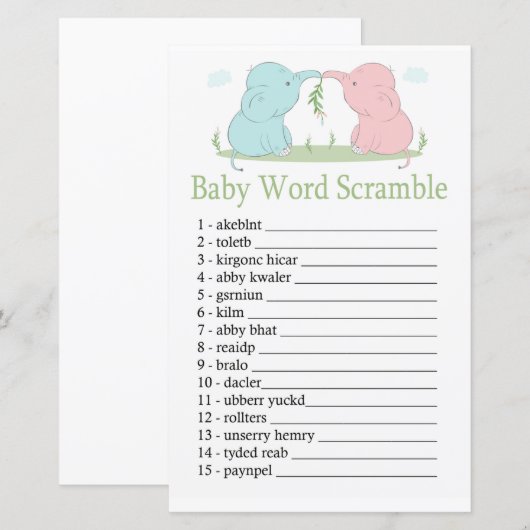Blue Pink Elephant Baby word scramble game (Voorkant / Achterkant)