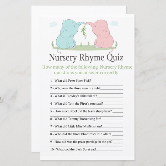 Blue Pink Elephant Nursery Rhyme Quiz baby shower (Voorkant / Achterkant)