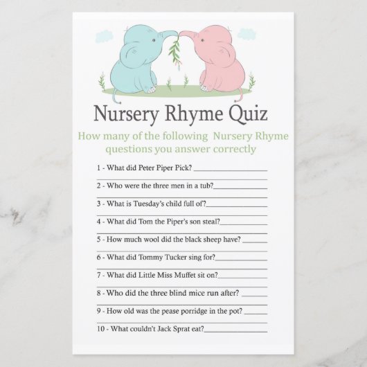 Blue Pink Elephant Nursery Rhyme Quiz baby shower (Voorkant)