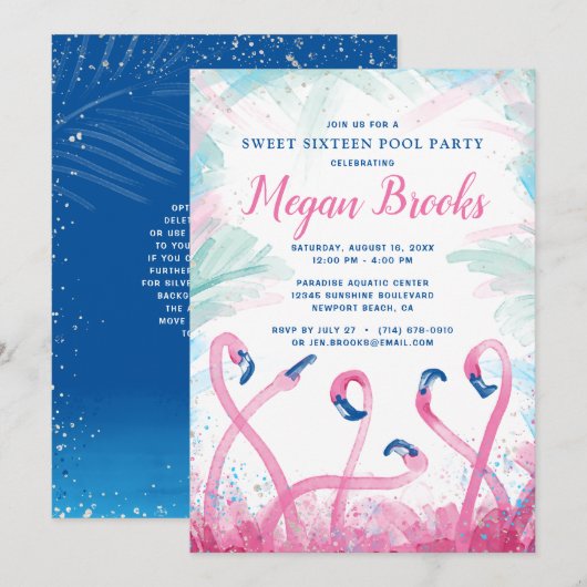 Blue Pink Flamingo Pool Party Sweet 16 Birthday Kaart (Voorkant / Achterkant)