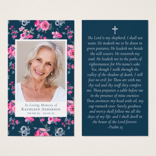 Blue Pink Floral Foto Memorial Prayer Kaart (Voorkant /achterkant)
