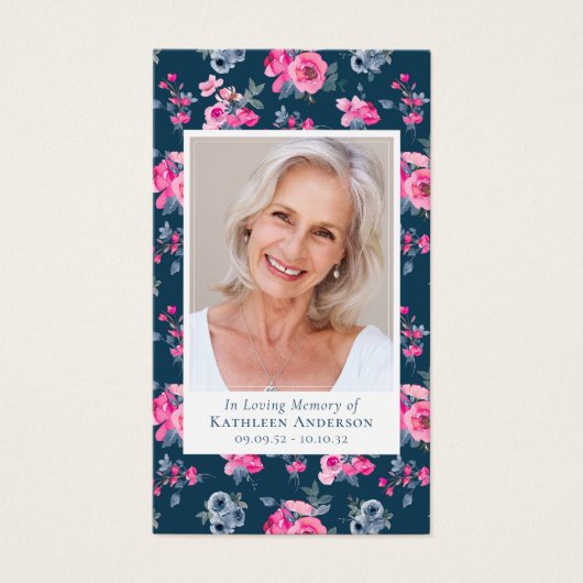 Blue Pink Floral Foto Memorial Prayer Kaart (Voorkant)