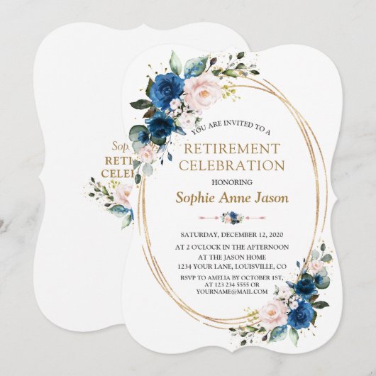 Blue Pink Floral Gold Retirement Celebration Kaart (Voorkant / Achterkant)