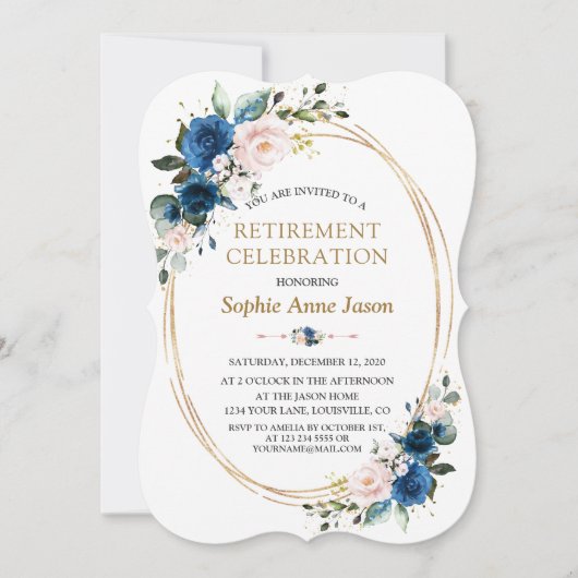 Blue Pink Floral Gold Retirement Celebration Kaart (Voorkant)