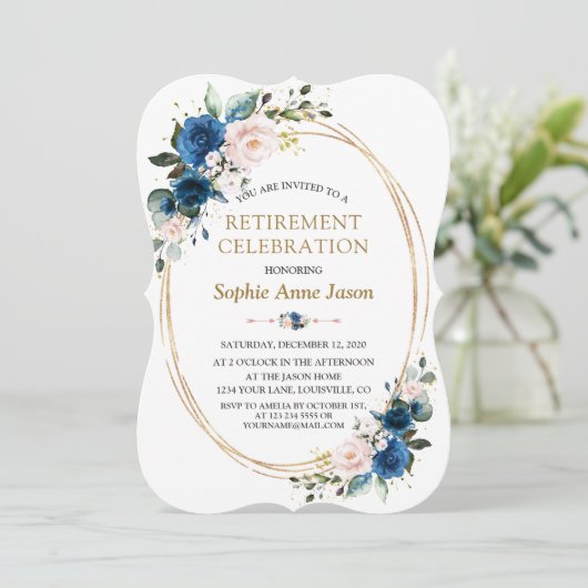 Blue Pink Floral Gold Retirement Celebration Kaart (Staand voorkant)