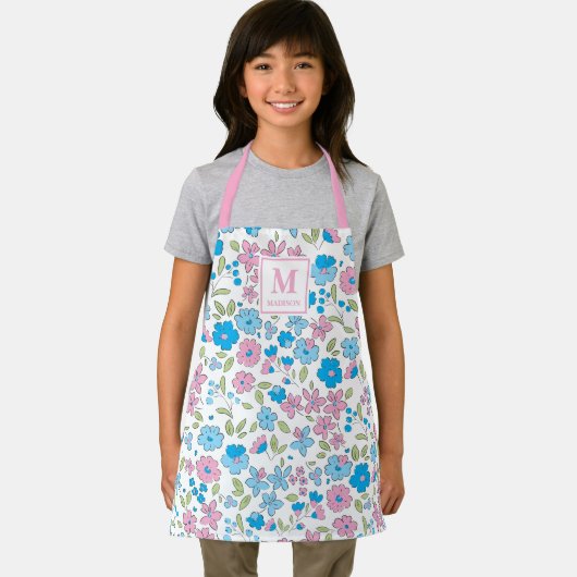 Blue Pink Floral Monogram Apron Schort (Insitu)
