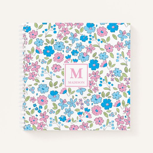Blue Pink Floral Monogram Notebook Journal Notitieboek (Voorkant)