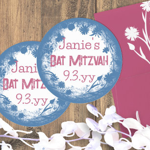 Blue Pink Floral Specialized Bat Mitzvah Stickers