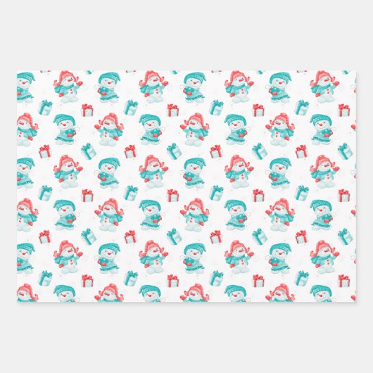 Blue Pink Funny Snowmen Pattern Kinder Kerstmis Inpakpapier Vel (Voorkant 3)