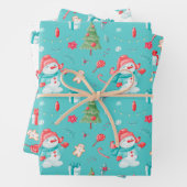Blue Pink Funny Snowmen Pattern Kinder Kerstmis Inpakpapier Vel (In situ)
