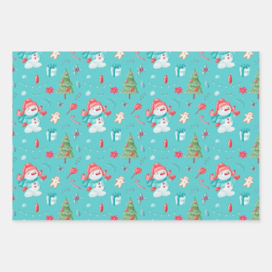Blue Pink Funny Snowmen Pattern Kinder Kerstmis Inpakpapier Vel (Voorkant)