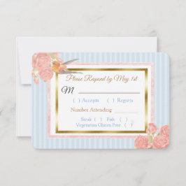 Blue PInk Gold Bird & Floral Wedding RSVP-kaart RSVP Kaartje