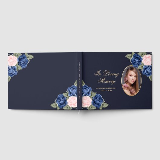 Blue Pink Gold Floral Foto Memorial Funeral Gastenboek (Volledig)