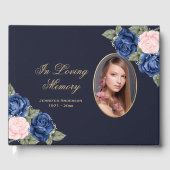 Blue Pink Gold Floral Foto Memorial Funeral Gastenboek (Voorkant)