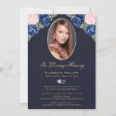 Blue Pink Gold Floral Foto Memorial Funeral Kaart (Voorkant)