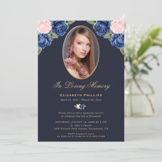Blue Pink Gold Floral Foto Memorial Funeral Kaart (Staand voorkant)