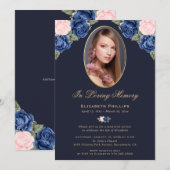 Blue Pink Gold Floral Foto Memorial Funeral Kaart (Voorkant / Achterkant)
