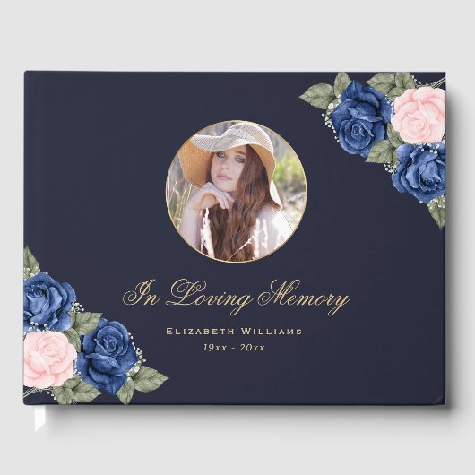 Blue Pink Gold Floral Memorial Gastenboek (Voorkant)