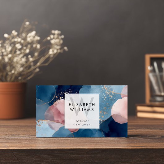 Blue Pink Gold Monogram Modern Business Card Visitekaartje