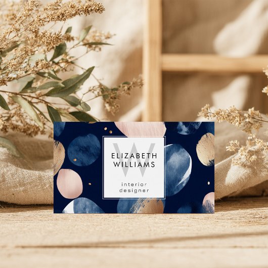 Blue Pink Gold Monogram Modern Business Card Visitekaartje