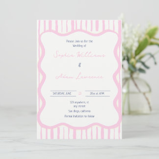 Blue pink Hand Written Pinstripe Whimsical Wedding Kaart