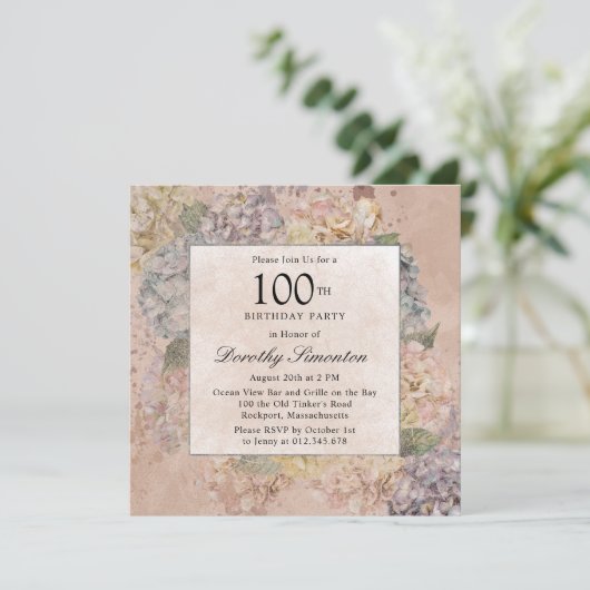 Blue Pink Hydrangea 100th Birthday Party Square Kaart (Staand voorkant)