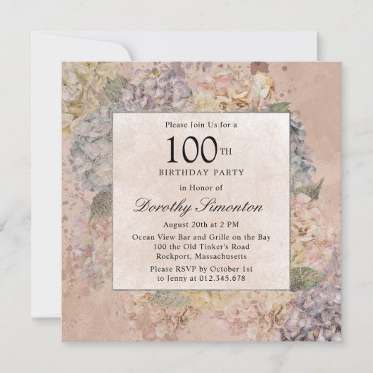Blue Pink Hydrangea 100th Birthday Party Square Kaart (Voorkant)