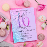 Blue Pink Lavender Silver Glitter Ombre Sweet 16 Kaart<br><div class="desc">Deze meisjesachtige en liefdevolle uitnodiging voor zestien verjaardagsfeestjes is perfect voor de speciale dag van je jonge tienerdochter. Het is voorzien van een faux, dun blauw, magenta en paars glitter groot, "16, "bovenop een eenvoudige pastellavender paars en faux lavender, blauw, en lila paarse glitter zijwaartse gradiënt ombre achtergrond. Het is...</div>