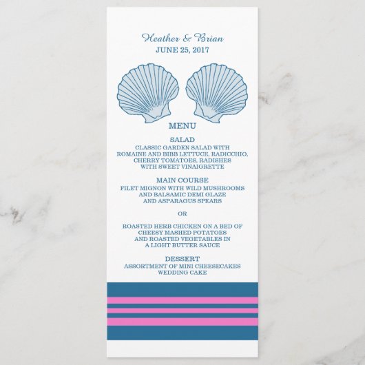 Blue Pink Nautical Seashells Weddenschap Menu (Voorkant)