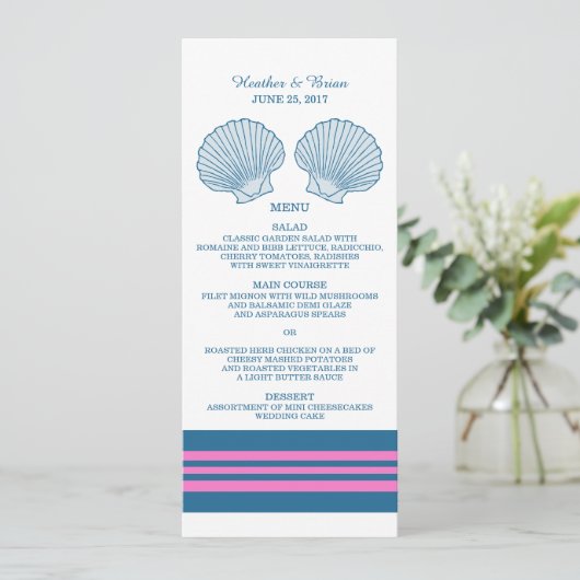 Blue Pink Nautical Seashells Weddenschap Menu (Staand voorkant)