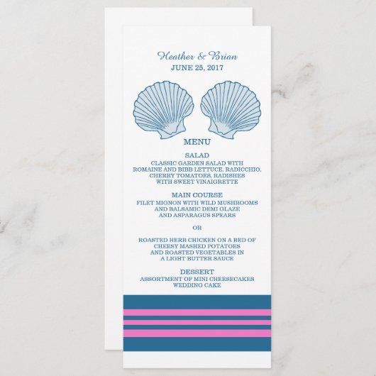 Blue Pink Nautical Seashells Weddenschap Menu (Voorkant / Achterkant)
