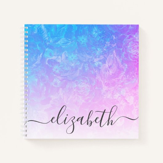 Blue Pink Ombre Floral Girly Font Name Notitieboek (Voorkant)