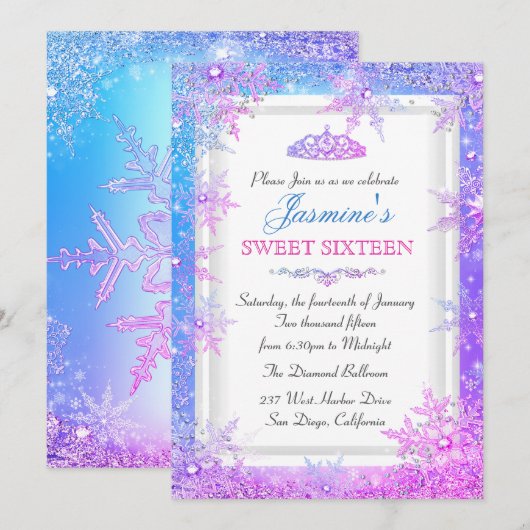 Blue Pink Paars Winter Wonderland Sweet 16 Invite Kaart (Voorkant / Achterkant)