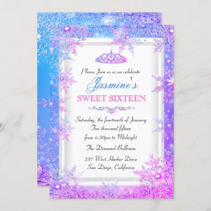 Blue Pink Paars Winter Wonderland Sweet 16 Invite Kaart