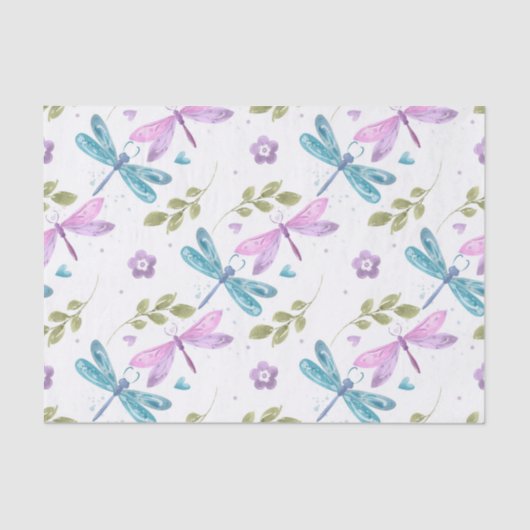 BLUE PINK PAARSE WATERVERF DRAGONFLIES TISSUEPAPIER (Voorkant)