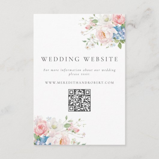 Blue & Pink Pastel Floral QR Wedding Website Informatiekaartje (Voorkant)