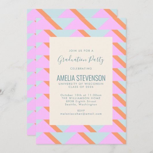 Blue Pink Pastel Retro Geometric Gradution Party Kaart (Voorkant / Achterkant)