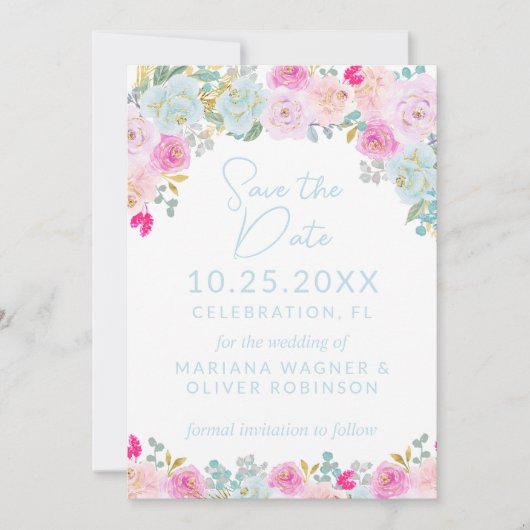 Blue Pink Peach Paarse Bewaar de datum Kaart (Voorkant)