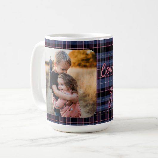Blue Pink Plaid 1-Photo Custom Holiday Gift Script Koffiemok (Voorkant links)