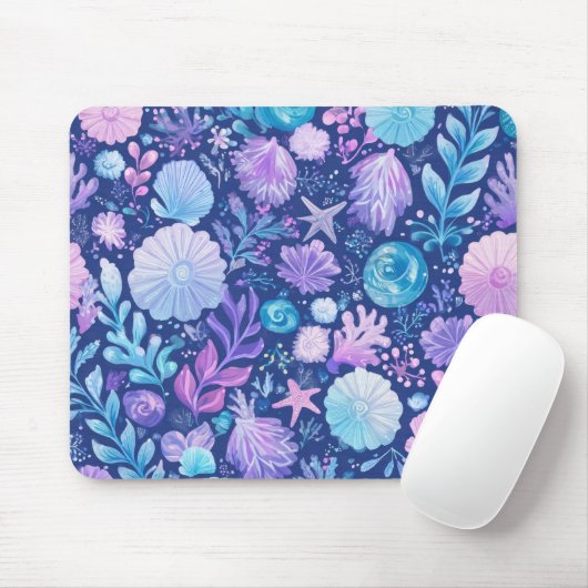 BLUE PINK PURPLE UNDERSEA PLANTS & SEASHELLS MUISMAT (Met muis)