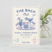 Blue & Pink Retro Cocktail Bachelorette Uitnodigin Kaart (Staand voorkant)