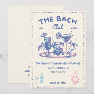 Blue & Pink Retro Cocktail Bachelorette Uitnodigin Kaart