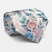 Blue & Pink Rose Pattern on Soft Pinkish-White Stropdas (Opgerold)