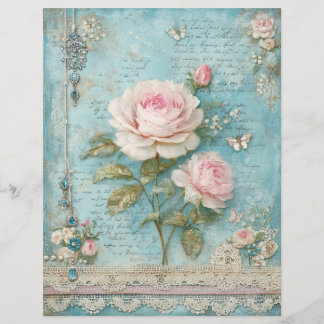 Blue Pink Roses Junk Journal Scrapbook Paper
